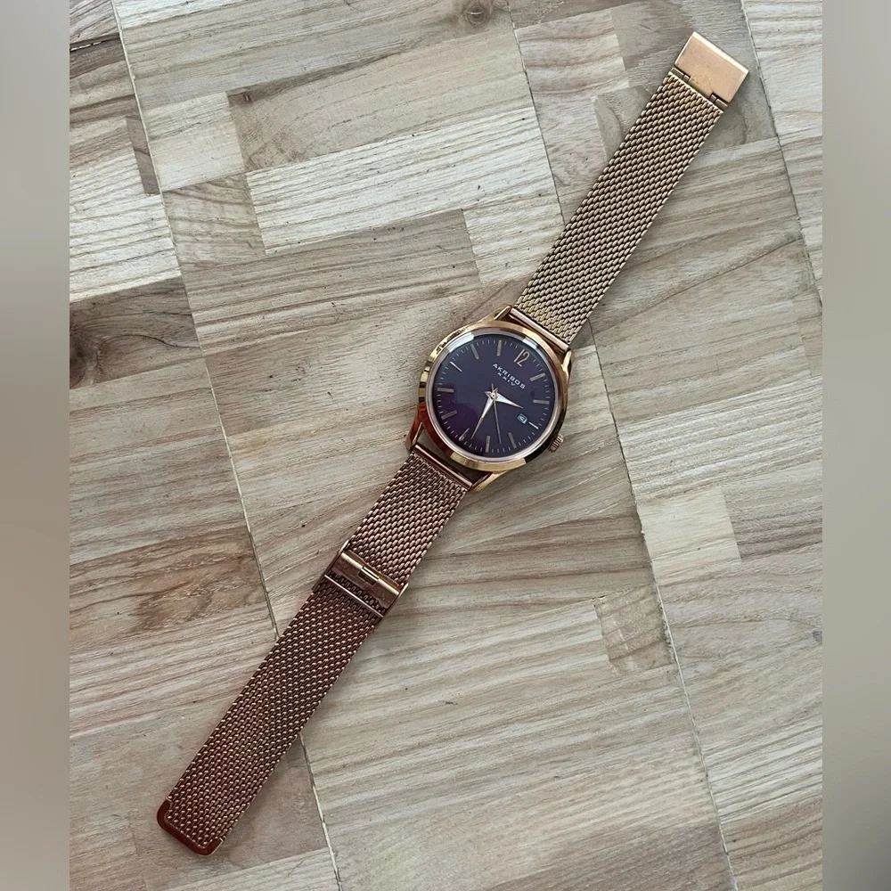 AKRIBOS XXIV Ladies Watch Rose Gold Mesh Bracelet Purple Dial Date Window